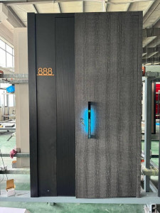 modern steel security point door featuring a smart lock handle with a blue LED lighting 