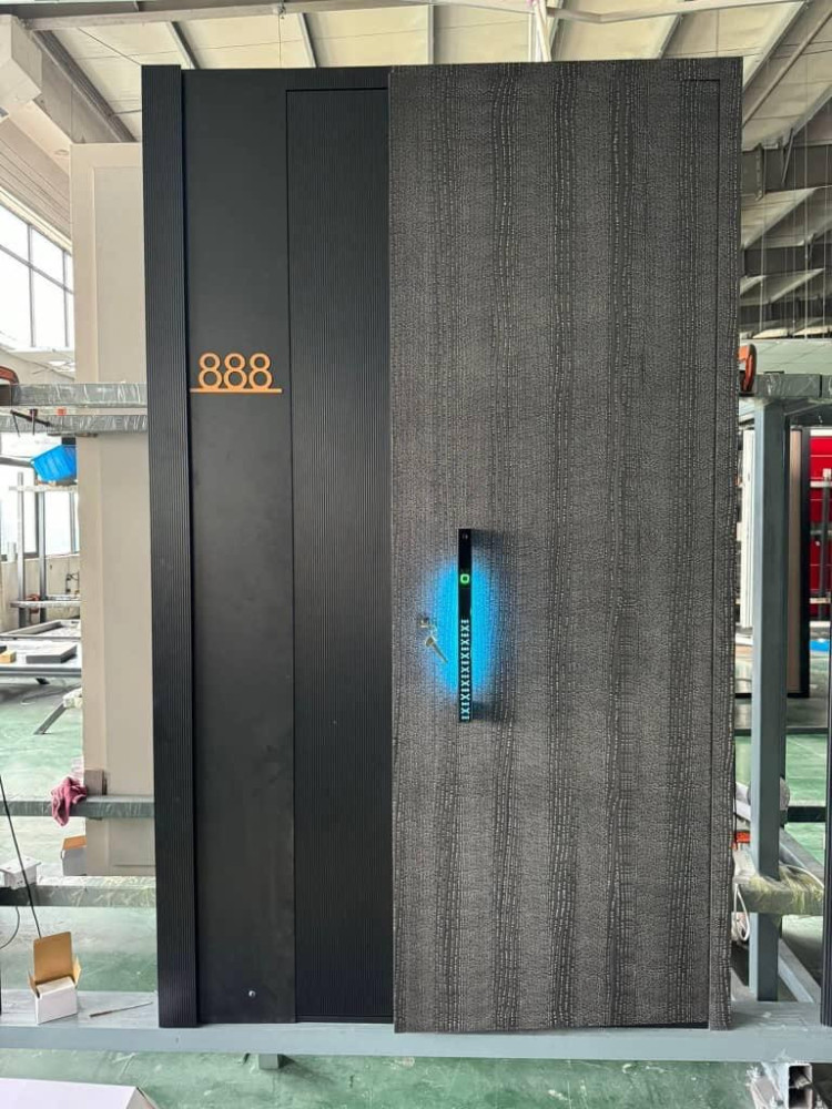 modern steel security point door featuring a smart lock handle with a blue LED lighting 