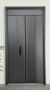 Minimalist modern steel entry door features a sleek gray finish with a textured, ribbed panel design and integrated digital smart lock