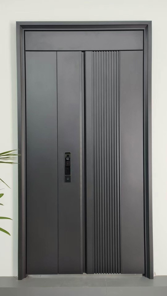 Minimalist modern steel entry door features a sleek gray finish with a textured, ribbed panel design and integrated digital smart lock