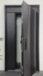 Modern steel security door featuring a vertical-line textured design, often listed as a high-security entrance option