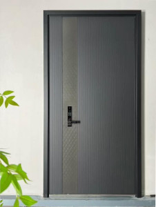 Modern charcoal gray steel security door featuring a textured panel and an integrated electronic keypad lock