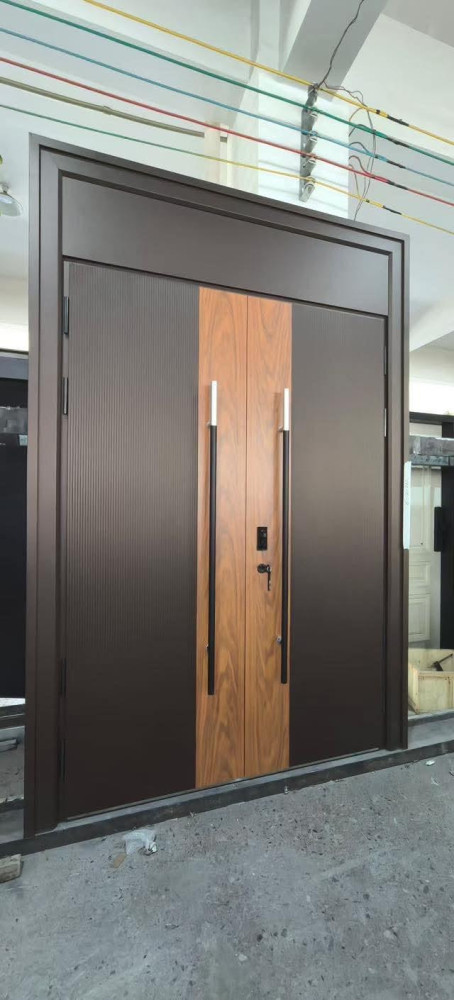 Modern turkish-style armoured security door with a solid wood veneer and steel construction
