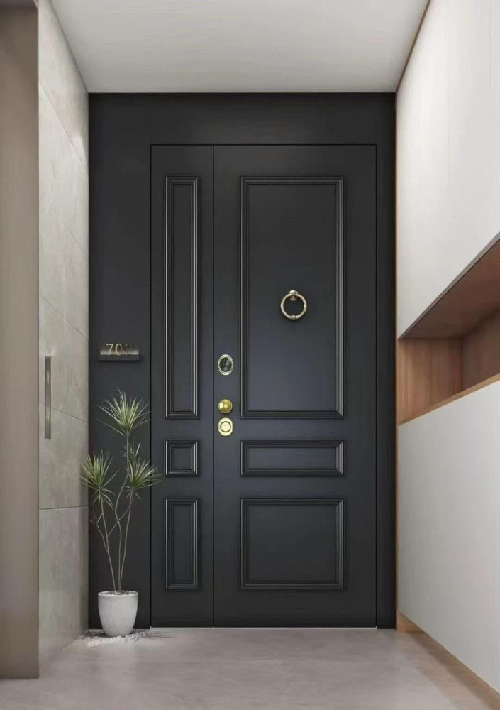 black steel security door features a modern sleek design with a prominent brass ring knocker and matching hardware