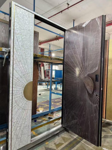 Luxury Steel Security Door features like anti-theft locks, customizable sizes, and decorative designs such as sunburst patterns