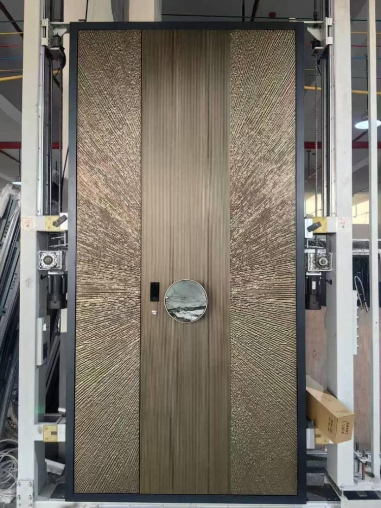 Modern luxury entrance door, often constructed from materials like cast aluminum or premium wood veneer