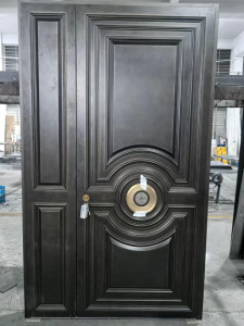 decorative security steel door, often marketed as a luxury German or italian design featuring a pivot hinge system and a central rosette lock mechanism