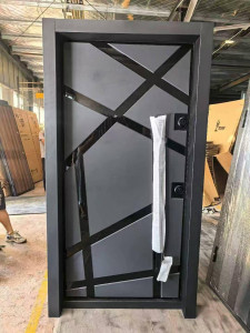 Modern Turkish Steel Security Door featuring a geometric pattern design with dark grey and black finishes