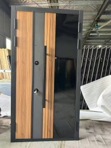 Modern turkish luxury security door featuring a combination of wood paneling, grey steel, and black glass dsign elements