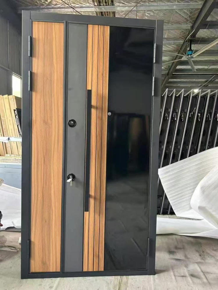 Modern turkish luxury security door featuring a combination of wood paneling, grey steel, and black glass dsign elements