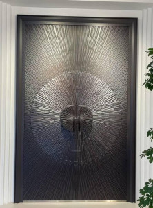 Modern double door featuring a textured metal finish in a sunbrust design, 