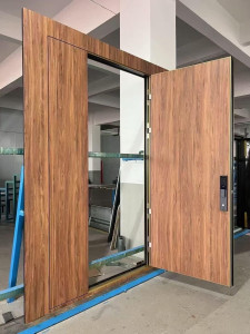 Modern pivot or pivot hinge door featuring a wood grain finish on a steel frame construction