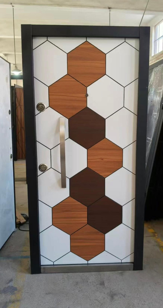 Turkish steel Security door features a modern, geometric hexagon design and high-security locks