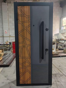 Turkish Steel Security Door featuring a wooden finish and modern geometric designs