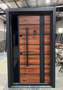 Turkish luxury security door featuring a wooden-lock laminate finish combined with a modern steel frame design