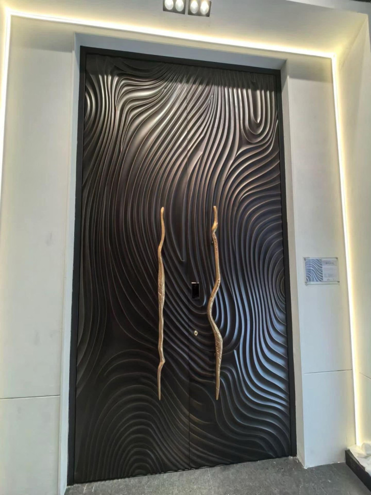 Modern luxury pivot entrance door featuring a sculpted 3D way pattern and long organic-shaped handle