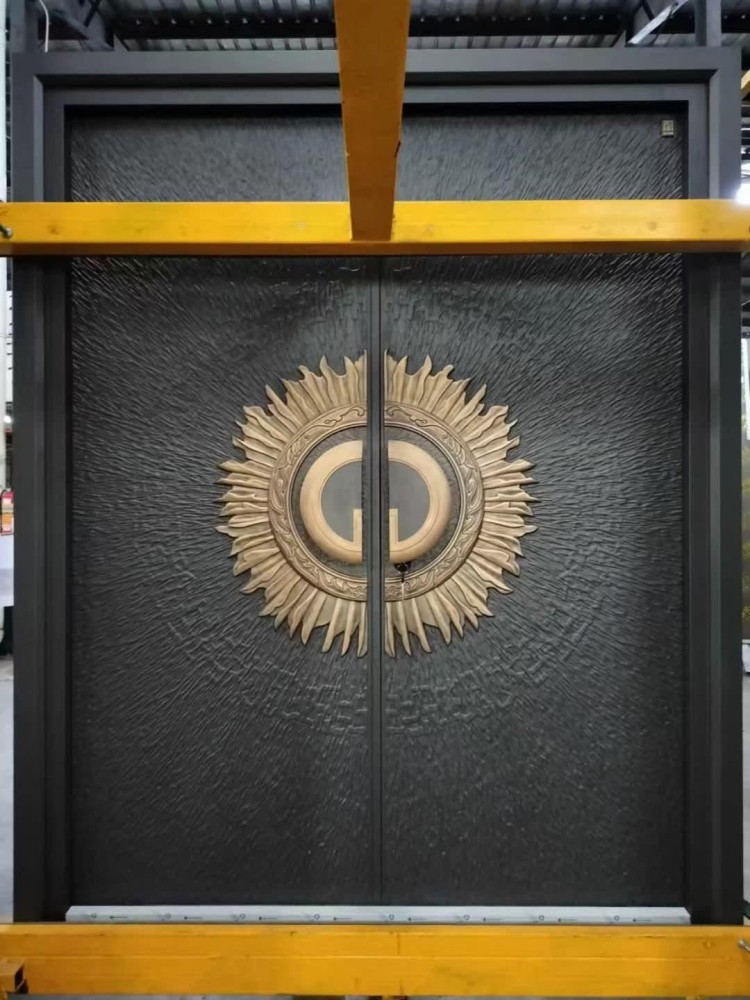 Decorative door featuring a large, sun-shaped emblem with a central logo or design