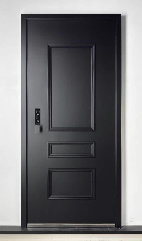 Modern black steel security door equipped with a smart lock