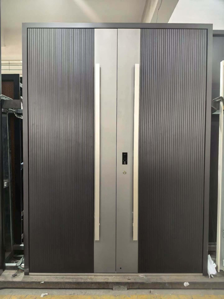 Modern security pivot door constructed from aluminum or stainless steel