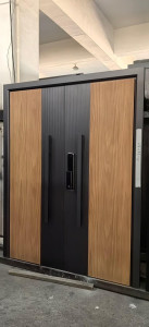 Modern villa entrance double door featuring a combination of aluminum and wood materials