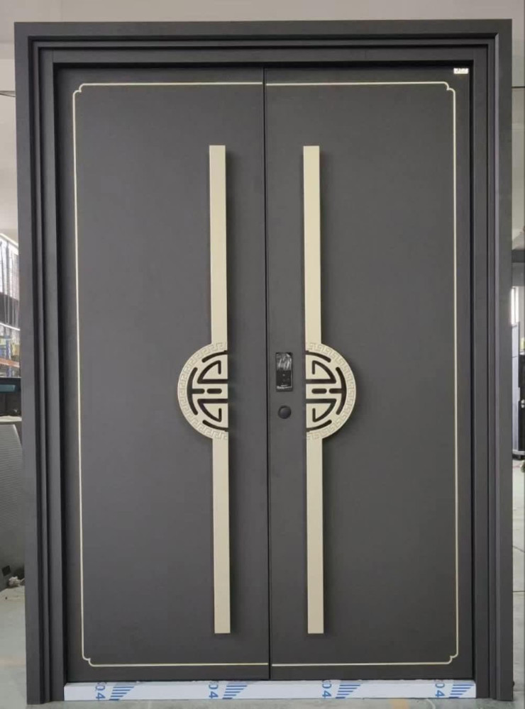 Modern grey double steel security door, often found in residential and commercial settings