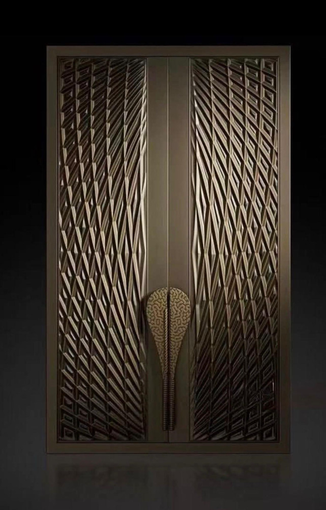 decorative set of modern textured double doors with a unique central handle design